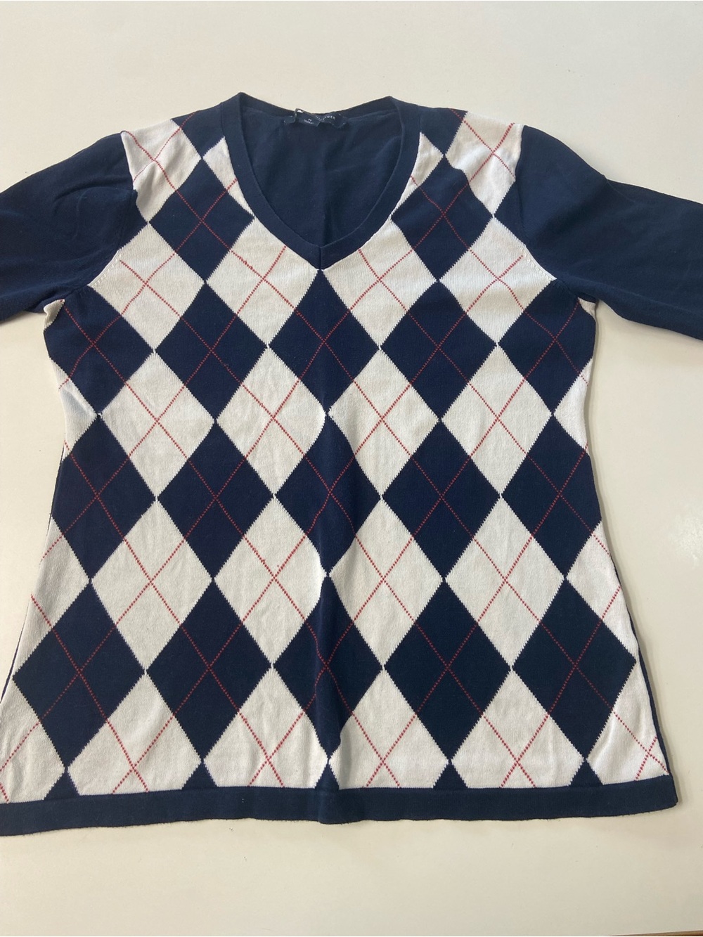 Tommy Hilfiger Argyle Navy/White V-Neck Sweater good condition young adult sz M